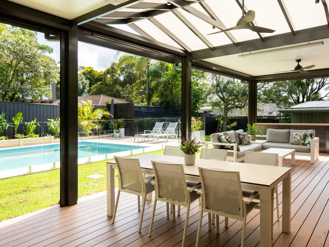 Combination pergola over a poolside deck