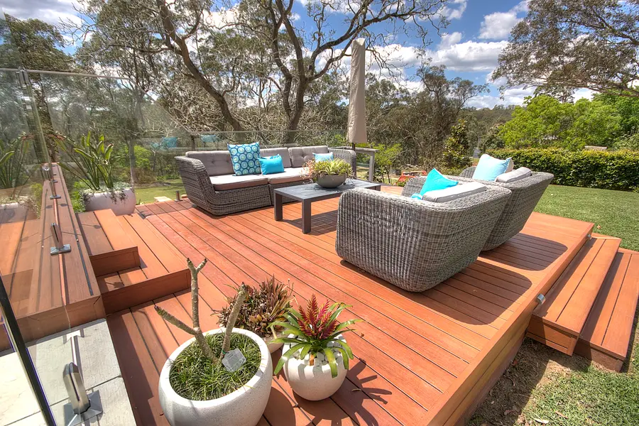 Lounge setting on the deck with an uninterrupted bush outlook