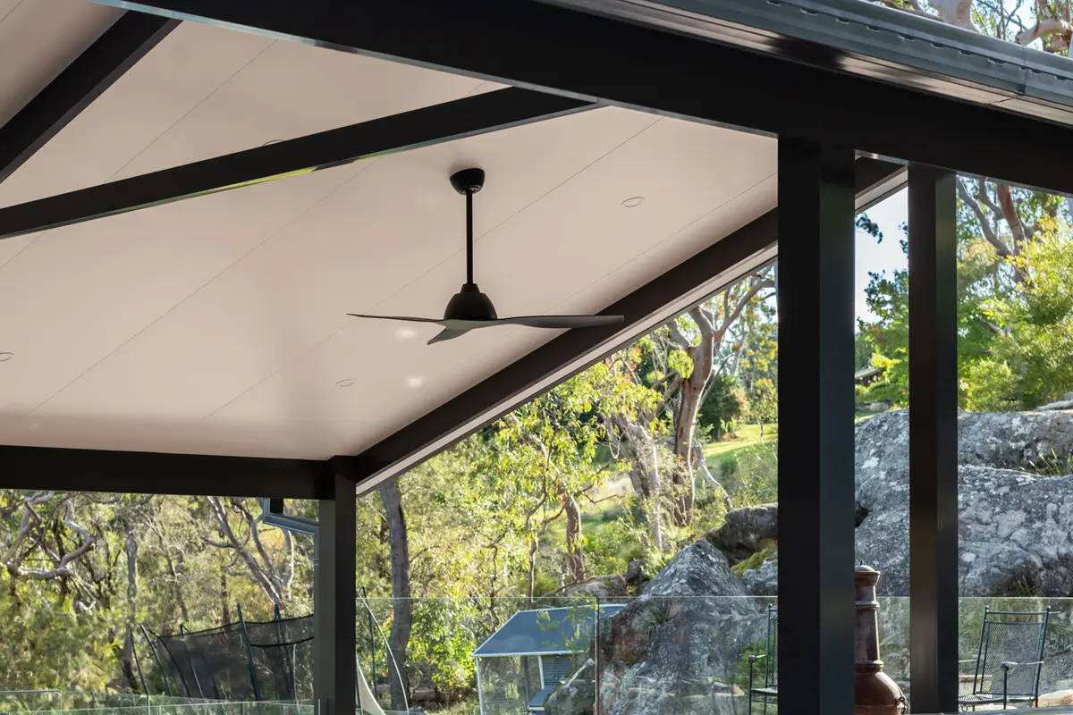 Outdoor ceiling fan under the insulated pergola roof, open to the bush, Galston