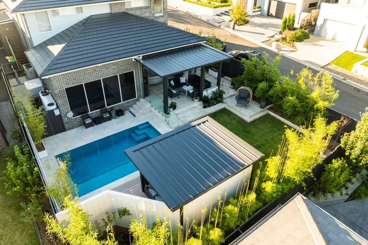 The whole backyard from above — alfresco, pool and freestanding pavilion, North Kellyville