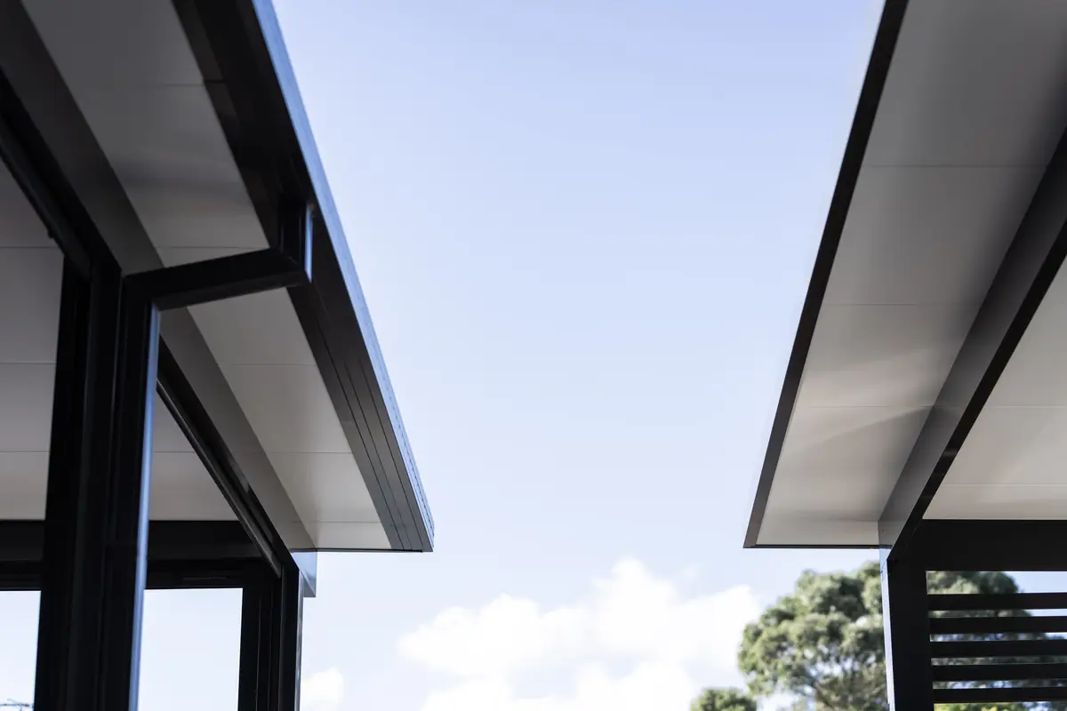 Looking up between the patio and cabana rooflines, Castle Hill